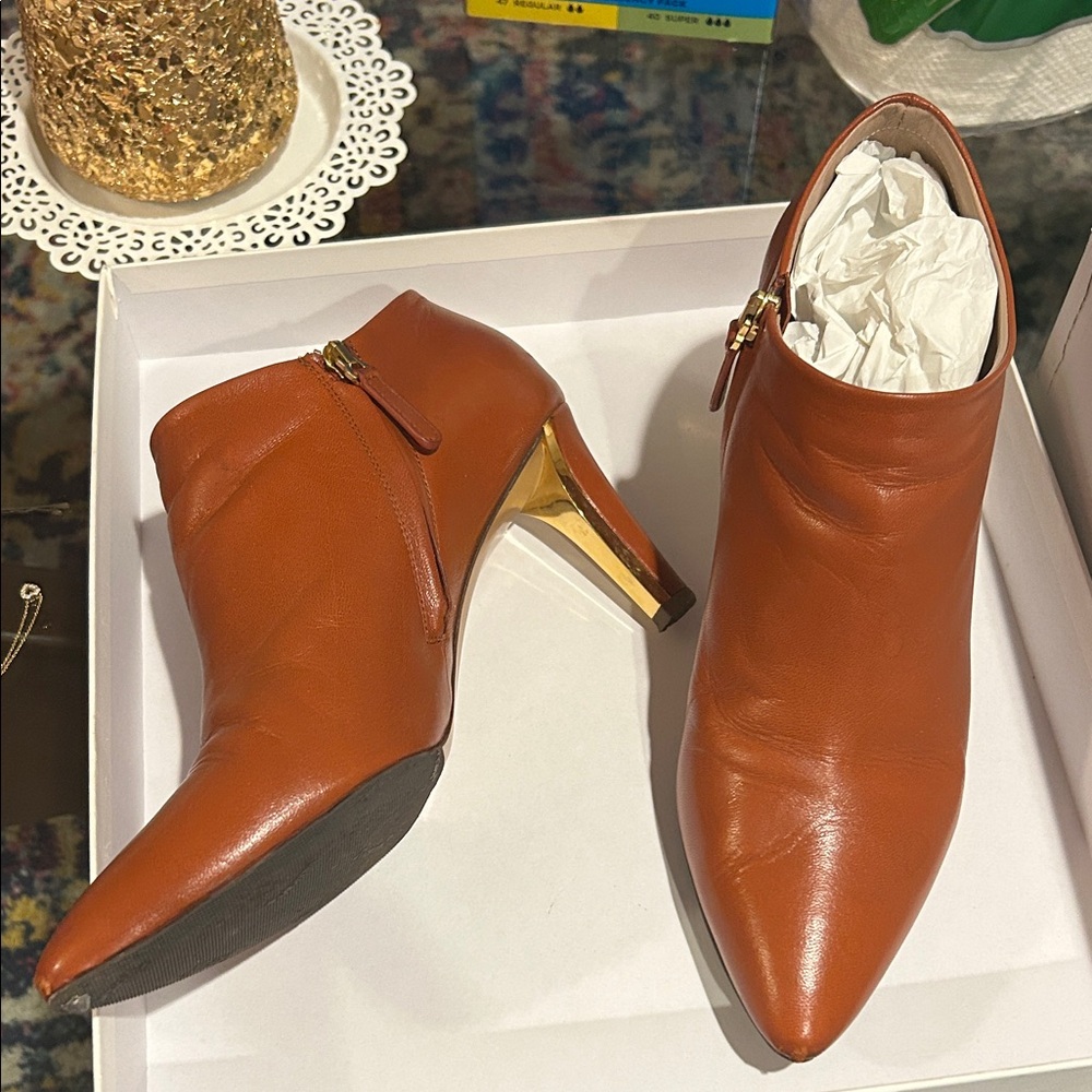 Chloe Cognac Leather Pointed Ankle Booties with Gold Sculpted Heel